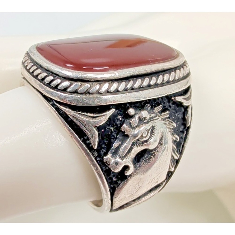 Vintage Sterling Silver Carnelian Red Agate Equestrian Horse Head Ring Sz 8